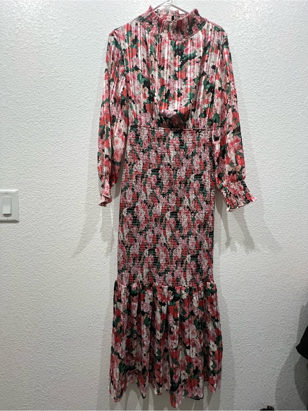Pink Floral Long-Sleeve Maxi Dress with Shirred Waist